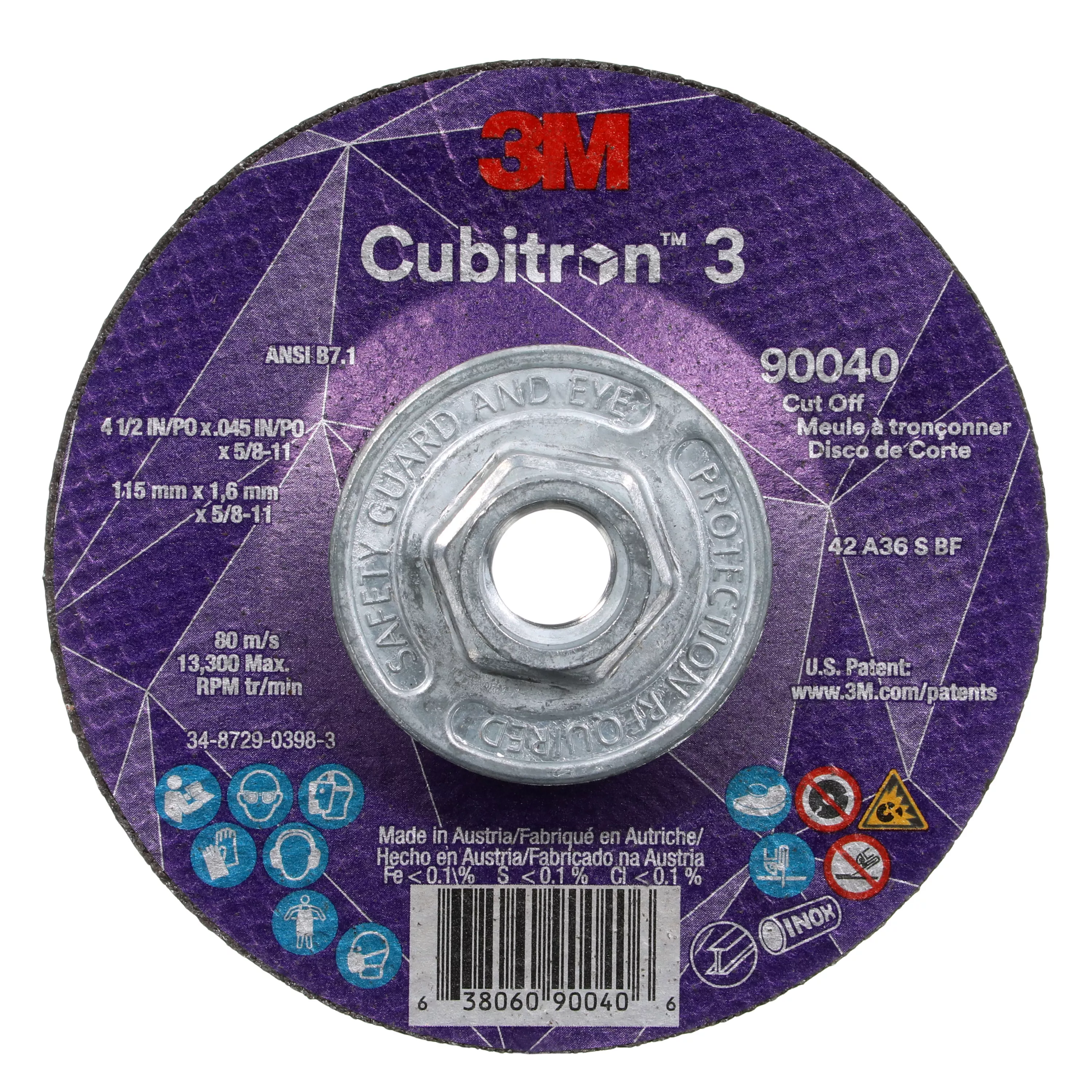 3M™ Cubitron™ 3 Cut-Off Wheel, 90040, 36+, T27, 4-1/2 in x 0.045 in x
5/8 in-11 (115 x 1.6 mm x 5/8-11 in), ANSI, 10 ea/Case
