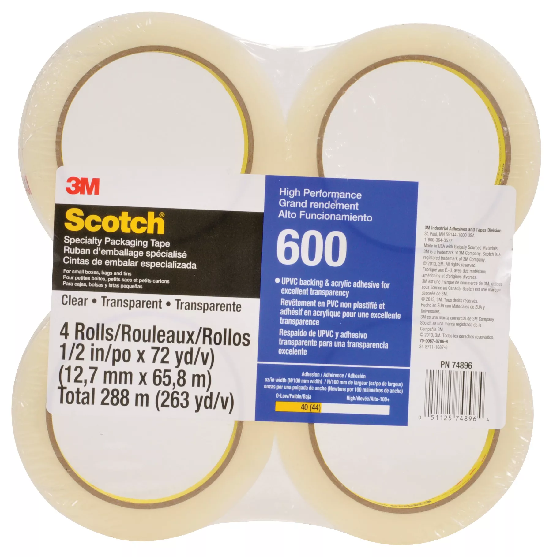 Scotch® Light Duty Packaging Tape 600, Clear High Clarity, 1/2 in x
72
yd, (4 Roll/Pack 18 Pack/Case) 72/Case, Conveniently Packaged