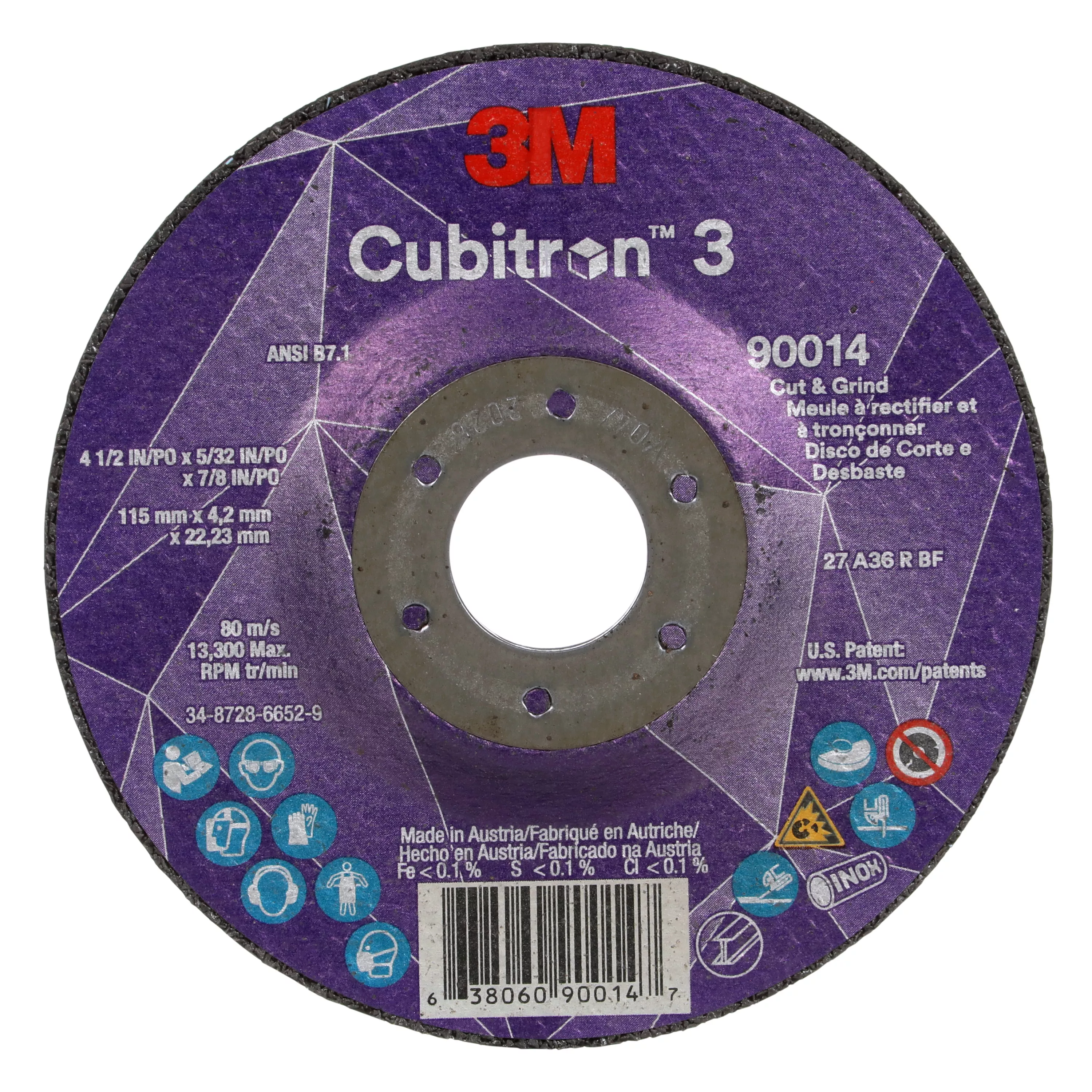 3M™ Cubitron™ 3 Cut and Grind Wheel, 90014, 36+, T27, 4-1/2 in x 5/32 in
x 7/8 in (115 x 4.2 x 22.23 mm) ANSI, 10/Pack, 20 ea/Case