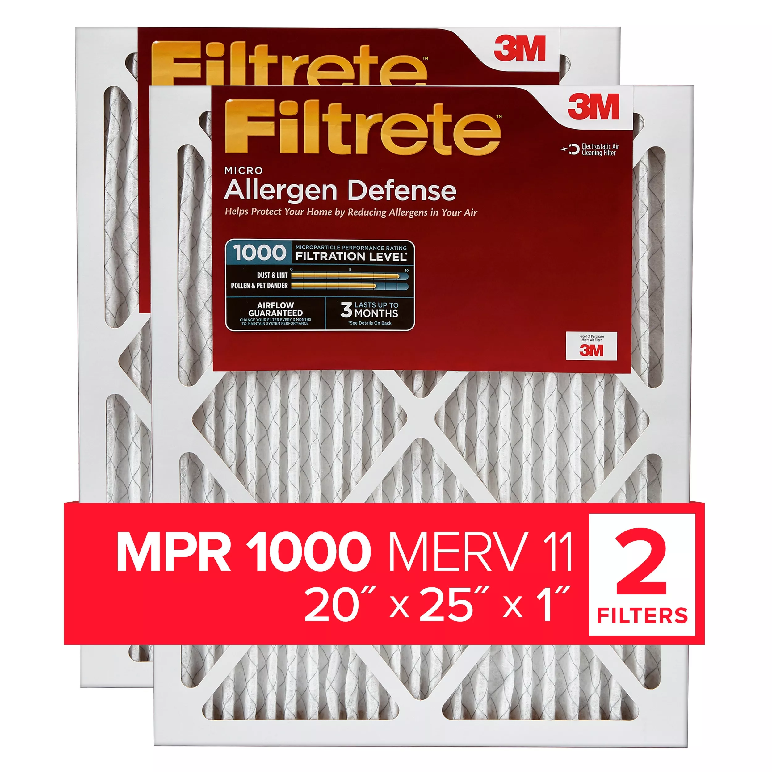 Filtrete™ Electrostatic Air Filter 1000 MPR AD03-2PK-1E, 20 in x 25 in x 1 in (50.8 cm x 63.5 cm x 2.5 cm),