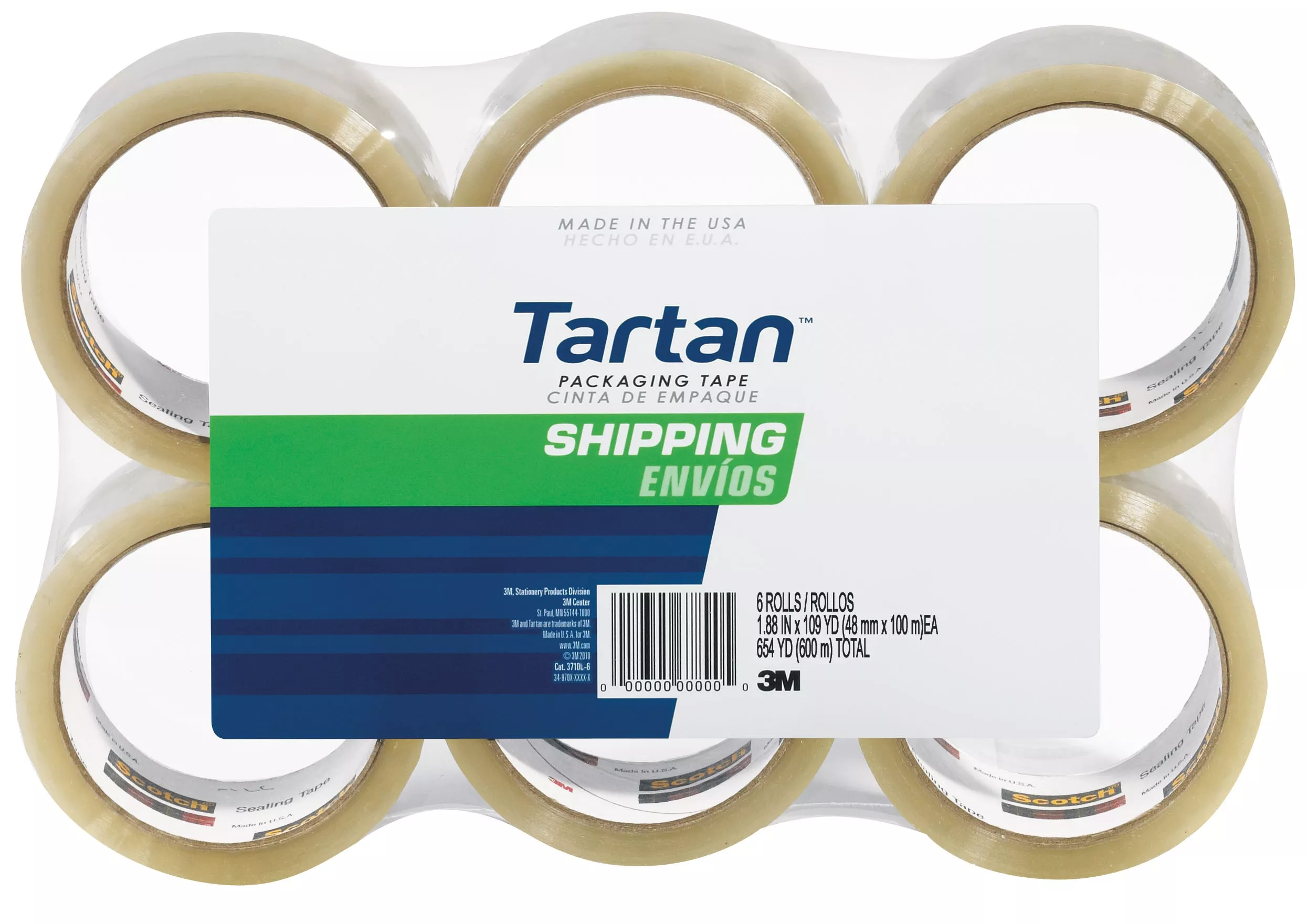 Tartan™ Shipping Packaging Tape 3710-6, 1.88 in x 54.6 yd (48 mm x 50
m), 6 pack